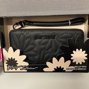 Betsey Johnson Black Floral Embossed WristletWallet with Removable Strap